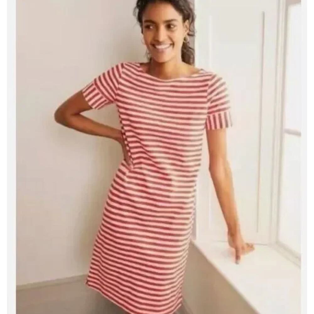 Boden Darcey Jersey Tunic Dress Women 14L Red White Striped Short Sleeve New